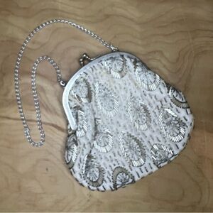 Vintage Silver Beaded Cream Satiny Evening Bag